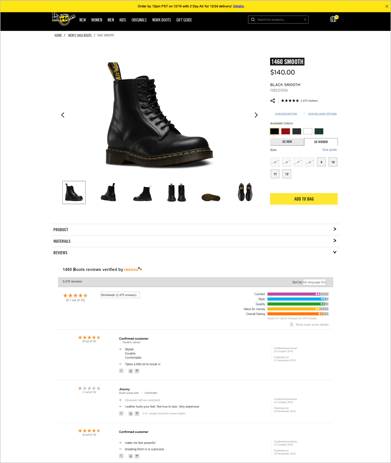 Dr Martens website showing a product detail page for black boots