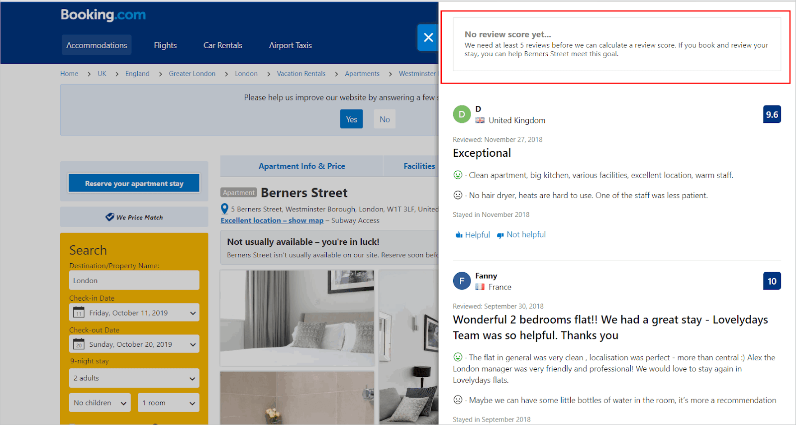 Booking.com website showing a 5 star review