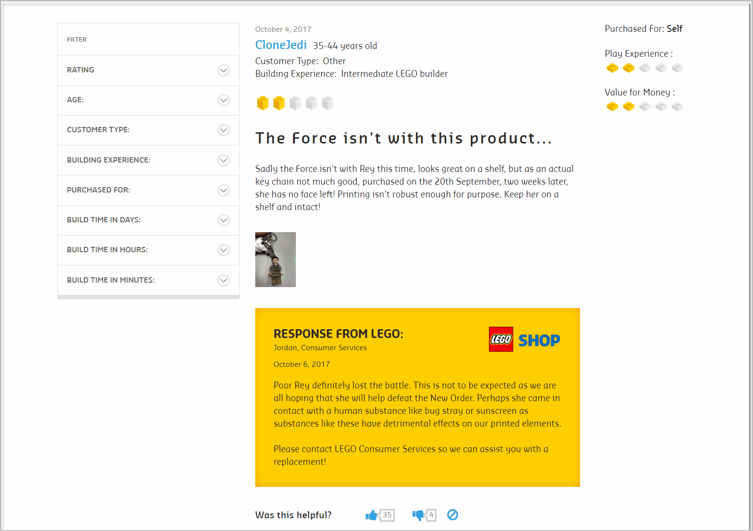 Lego website showing a review and the answer from the store
