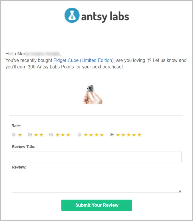 Customer review request pop-up offering store points after purchase on an eCommerce webpage